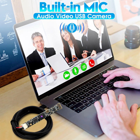Person using laptop with Dope 8MP USB Webcam With Built In Microphone For PC And Raspberry Pi Ultra HD 3264x2448 64 Degree No Distortion Lens.