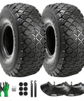 Two Pack 4.10 3.50 4 Tire And Inner Tube Set With Bent Valve Stem Fits Lawn Mowers, patch kit, gloves display