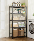Tough As Nails 5 Tier Metal Shelving Rack With 120 Lbs Per Shelf And Foolproof Leveling Base, Rock Solid Black in laundry room with cleaning supplies.