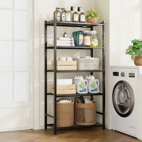 Tough As Nails 5 Tier Metal Shelving Rack With 120 Lbs Per Shelf And Foolproof Leveling Base, Rock Solid Black in laundry room with cleaning supplies.