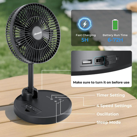 Foldable 10 Inch Oscillating Fan With 20000mAh Battery All In One Remote And Timer Height Adjustable Portable Standing Fan