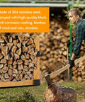 A person using an axe on a log, with stacks of chopped wood and a sign about steel anti-corrosion coating in the background.