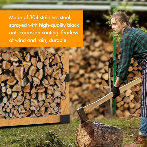 A person using an axe on a log, with stacks of chopped wood and a sign about steel anti-corrosion coating in the background.