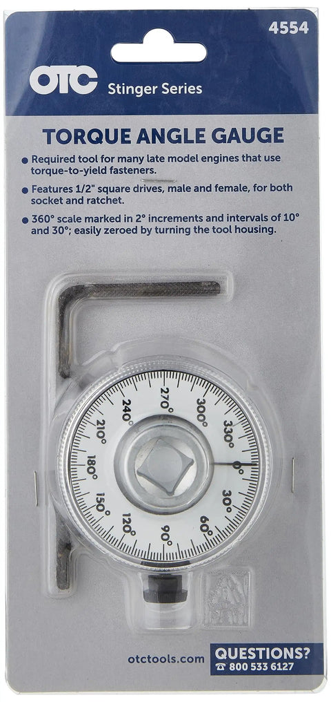 Pro Grade Torque Angle Gauge With Male And Female Half Inch Drives, A Must Have Tool For Modern Motors, 360 Degree Scale Marked In 2 Degree Increments With 10 And 30 Degree Reference Intervals, Easily Zeroed For Quick Reuse. packaged torque angle gauge with 1/2 in drives
