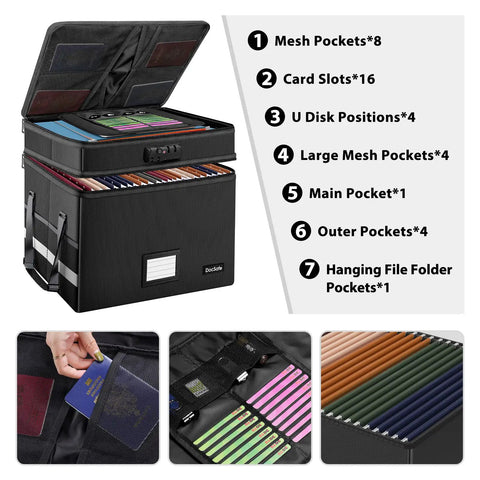 Boss Level Fireproof Multi Layer File Box With Lock Collapsible Portable Office Filing Organizer showing storage compartments