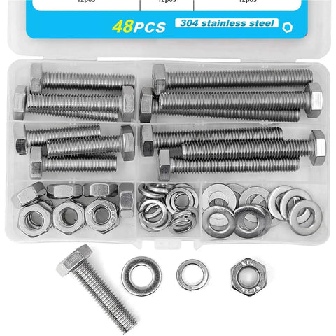 Heavy Duty Screw Kit Set 48 Piece With Bolts Nuts And Flat Washers For DIY Electrical Projects Built To Last M10 Size Hardware Pack For Quick Secure Fastening And Home Repairs, 304 stainless steel bolts and washers in case