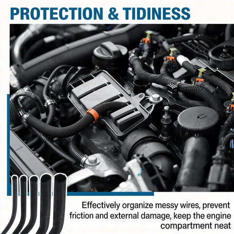 Engine bay with Split Wire Loom Sleeve Master Kit For Vehicles No Chew Cable Management Set installed for tidy wiring.
