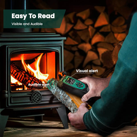 Pinless Moisture Meter For Walls And Wood With Color LED Alarm For Home DIY on wood by a stove, visible and audible alert