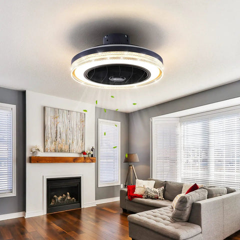 Bladeless Ceiling Fan With Lights Remote Control 21 Inch 3 Color Options 3 Speeds Enclosed Low Profile Flush Mount Ultra Quiet Copper Motor Ideal For Living Room And Kitchen installed in modern living room