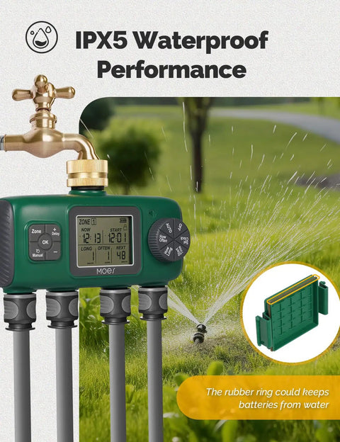 Four Zone Sprinkler Timer With Brass Inlet, Programmable Irrigation Controller, attached to faucet, rain delay mode