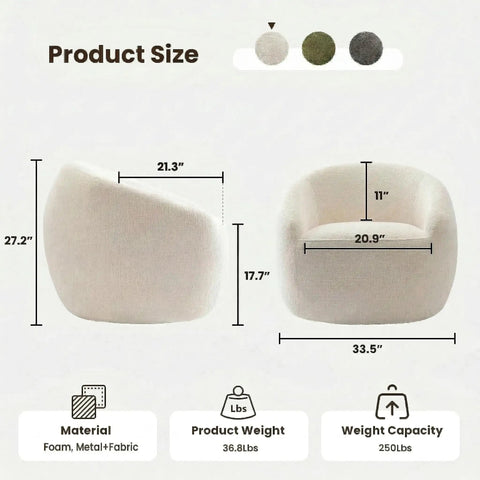 Dimensions and details of White Boucle Swivel Chair With 360 Degree Base, Oversized Round Barrel Accent Chair For Living Room