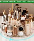 Real Deal Slick Spin 360 Round Rotating Makeup Organizer Clear Acrylic Lazy Susan Cosmetic Storage Tray For Skincare And Perfume And Lipstick Keeping It Neat On Your Vanity Shelf with various bottles and brushes.
