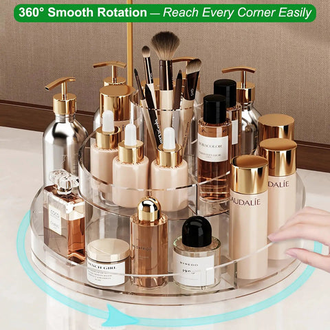 Real Deal Slick Spin 360 Round Rotating Makeup Organizer Clear Acrylic Lazy Susan Cosmetic Storage Tray For Skincare And Perfume And Lipstick Keeping It Neat On Your Vanity Shelf with various bottles and brushes.