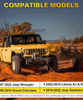 Jeep Wrangler driving on desert terrain with compatible models listed for Jeep Fender Flare Clips Kit With 5 Size Fastener Retainers