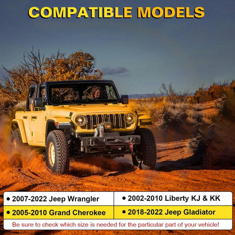 Jeep Wrangler driving on desert terrain with compatible models listed for Jeep Fender Flare Clips Kit With 5 Size Fastener Retainers