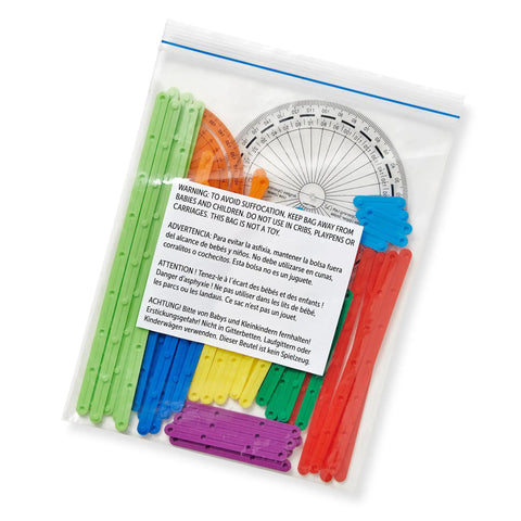AngLegs Starter Set With Two Protractors And Geometry Manipulatives For Classroom Hands On Math Learning Geometric Shapes Angles And Area Tools For 4th Grade Kids Montessori Style, showing colorful AngLegs components and protractors in a clear bag.