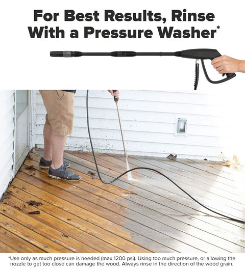 Person using a pressure washer on wooden deck surface, demonstrating One Gallon Ready To Roll Deck Stain Stripper Cuts Straight Through Weathered Oil And Water Coats For Dead Simple Prep And A Fresh Real Deal Wood Finish On Decks.