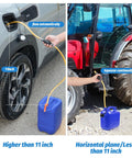 Gasoline siphon hose pump with two PVC hoses; portable hand fuel transfer, two-panel view showing car and tractor fueling