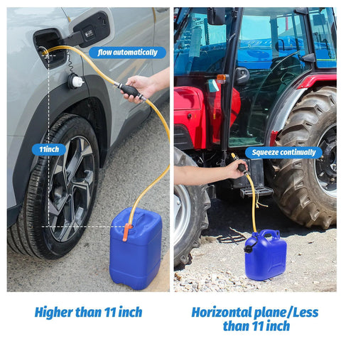 Gasoline siphon hose pump with two PVC hoses; portable hand fuel transfer, two-panel view showing car and tractor fueling