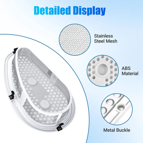 Detailed view of Upgraded No Nonsense Dryer Lint Filter Screen with stainless steel mesh, ABS material, and metal buckle.