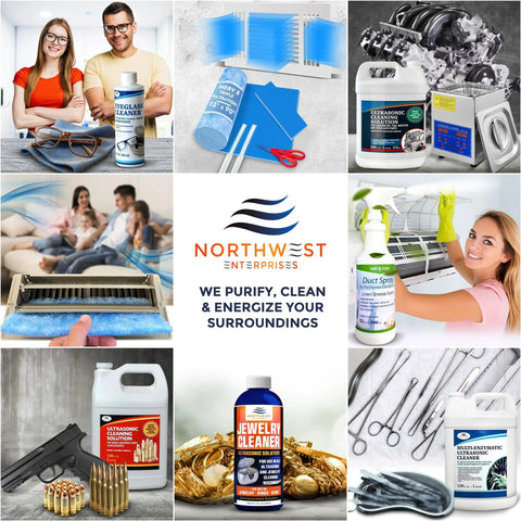 Collage of cleaning products and tools from Northwest Enterprises for home and industrial use.
