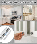 4 Pack Magnetic Door Catch 150lb Stainless Steel Heavy Duty Cabinet Magnets for Closet Wardrobe Cupboard Kitchen Bathroom shown in kitchen, bathroom and cabinet installation scenarios.