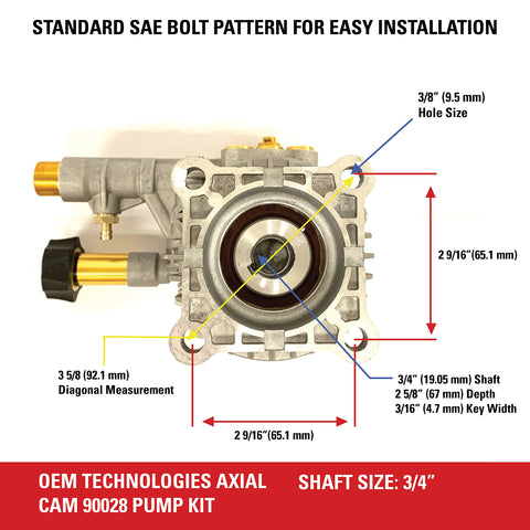 3300 PSI 2.4 GPM Replacement Pressure Washer Pump Kit with Horizontal Axial Cam dimensions and measurements