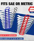 Super Magnetic Wrench Organizer Two Pack holds twelve heavy ratchets, two racks for SAE and metric sizes up to 24mm.