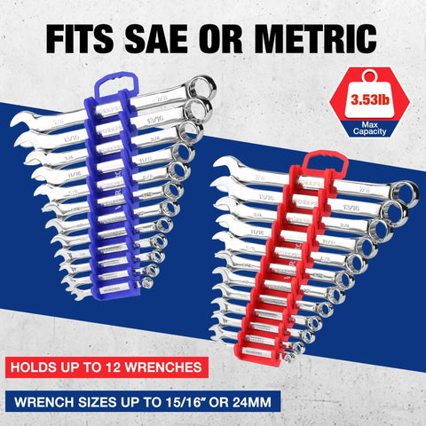 Super Magnetic Wrench Organizer Two Pack holds twelve heavy ratchets, two racks for SAE and metric sizes up to 24mm.