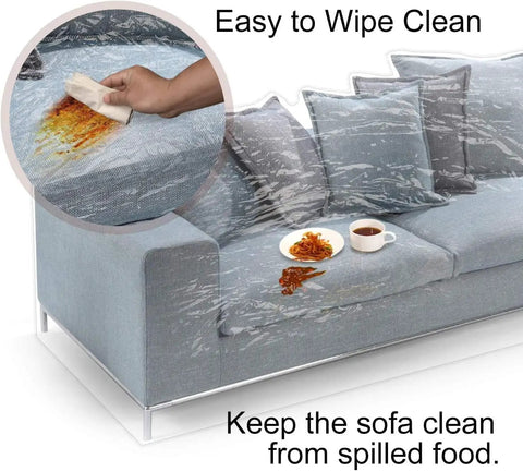 Clear Heavy Duty Plastic Couch Cover For Pets, Waterproof Scratch Proof Protector on gray sofa with spilled food cleanup
