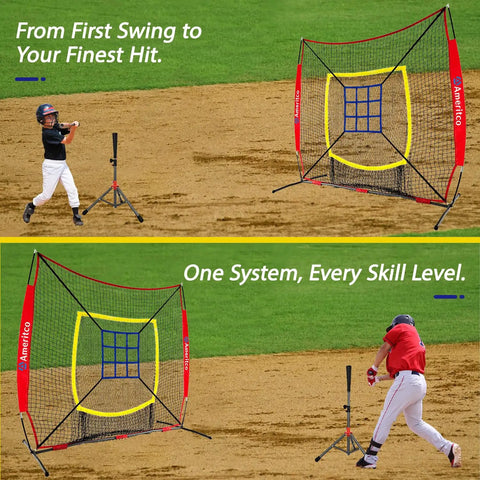 7x7 Foot Baseball Practice Net With Tee And Target For Backyard Training Large Hitting And Pitching Net With Yellow Border