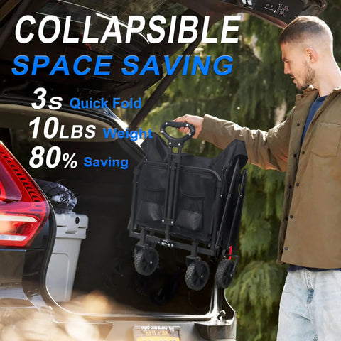 Man loading a Heavy Duty Collapsible Wagon With 380 Lb Capacity, Folding All Terrain Beach Utility Wagon into a car trunk.