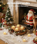 30 Pack Flickering Flameless Tea Lights Battery Operated For Wedding Table Centerpieces Long Lasting 200 Hours Realistic Candle Look For Home Decor Gift And Holiday Decor displayed with Christmas decorations