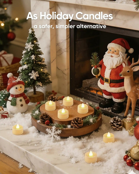 30 Pack Flickering Flameless Tea Lights Battery Operated For Wedding Table Centerpieces Long Lasting 200 Hours Realistic Candle Look For Home Decor Gift And Holiday Decor displayed with Christmas decorations