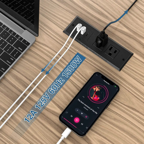 Underdesk Conference Power Strip With USB-C PD 20W, 2 Outlets, 2 USB-A integrated in a desk, powering laptop and phone.