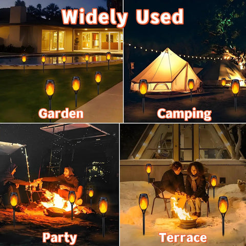 Outdoor Halloween Lights Four Pack LED Torch Lanterns With Flickering Flame Effect Waterproof Tiki Torches in garden, camping, party, and terrace setups