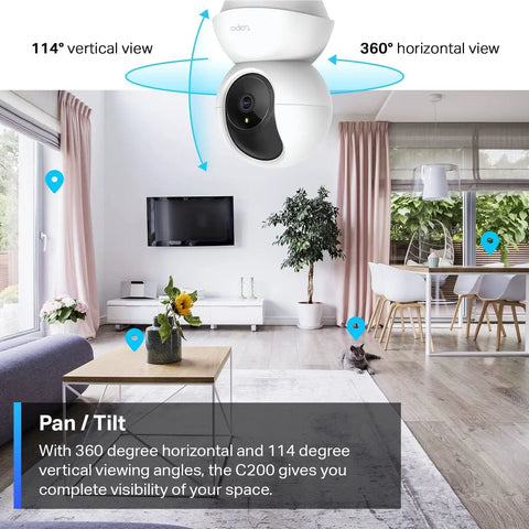 Pan Tilt Security Camera For Baby And Pets With 360 Degree View And 114 Degree Vertical Coverage 1080P HD Video in living room