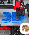 3D printer with printed object and Brass Heat Set Threaded Inserts M4 X 4mm Length 6mm OD Knurled Female Metric Nuts For 3D Printing
