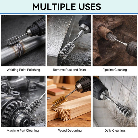 16 Piece Drill Bore Brush Set with Long One Quarter Inch Hex Shank Handles for cleaning tight spots, multiple uses displayed