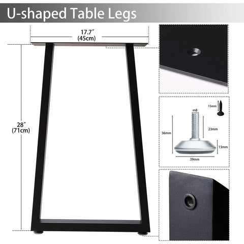 U-shaped Beefy Heavy Duty Square Tube Metal Table Legs Set Of 2 with Adjustable Feet and Anti Rust Matte Black Finish.