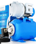 1.5HP Shallow Well Pump with Pressure Tank and 1340 GPH jet pump for home garden irrigation, stainless steel, blue finish.