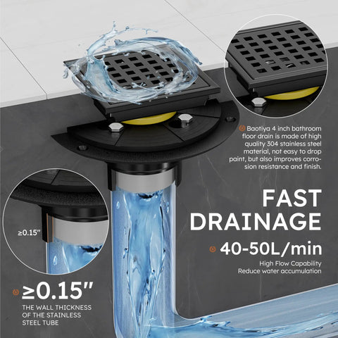 No Drama Matte Black 4 Inch Square Shower Drain Kit With Removable Grate seamless flow 304 stainless steel drainage with water.