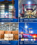 Collage of four construction areas: building site, tunnel construction, warehouse storage, and shipping port at night.