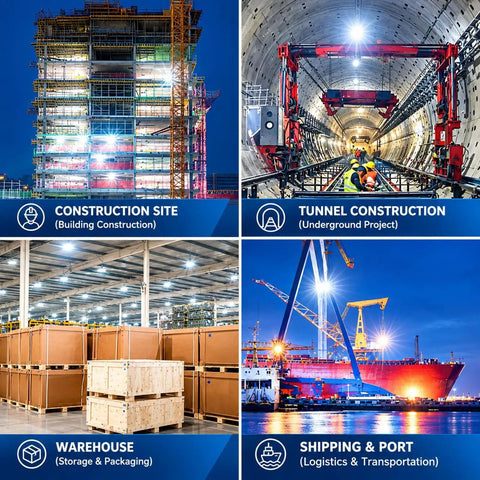 Collage of four construction areas: building site, tunnel construction, warehouse storage, and shipping port at night.