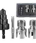 Three Piece PVC Pipe Threader Kit with step drill reamer for 1/2 inch and 3/4 inch NPT threading, hex shank drill attachment.