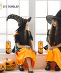 Two girls in witch costumes with Halloween-themed cups from a 50 pack 20 Oz white sublimation tumblers with individual gift boxes.