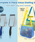 Two Pack Mesh Beach Shovel Set With Two Shell Bags For Kids Sand Sifters And Shell Collecting Kit with adjustable straps