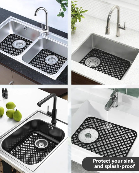 Two Pack Silicone Sink Protectors With Trellis Pattern Non Slip Durable Kitchen Mat shown in different sinks