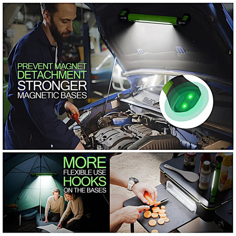 Magnetic 3000LM Rechargeable LED Work Light Bar With 5200mAh Battery in use under hood, tent, and on table, showcasing versatility