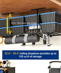 Overhead Garage Storage Rack With 6 Hooks Heavy Duty Metal Ceiling Mount Adjustable Drop Down From 22.6 To 39.4 Inches Black Lite Series Maximize Floor Space By Storing Tools And Gear Up High, showing storage bins and hanging tools.